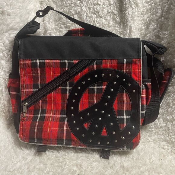 Justice Red Plaid Messenger Bag & Binder with Peace Sign studded accents. - Picture 2 of 10